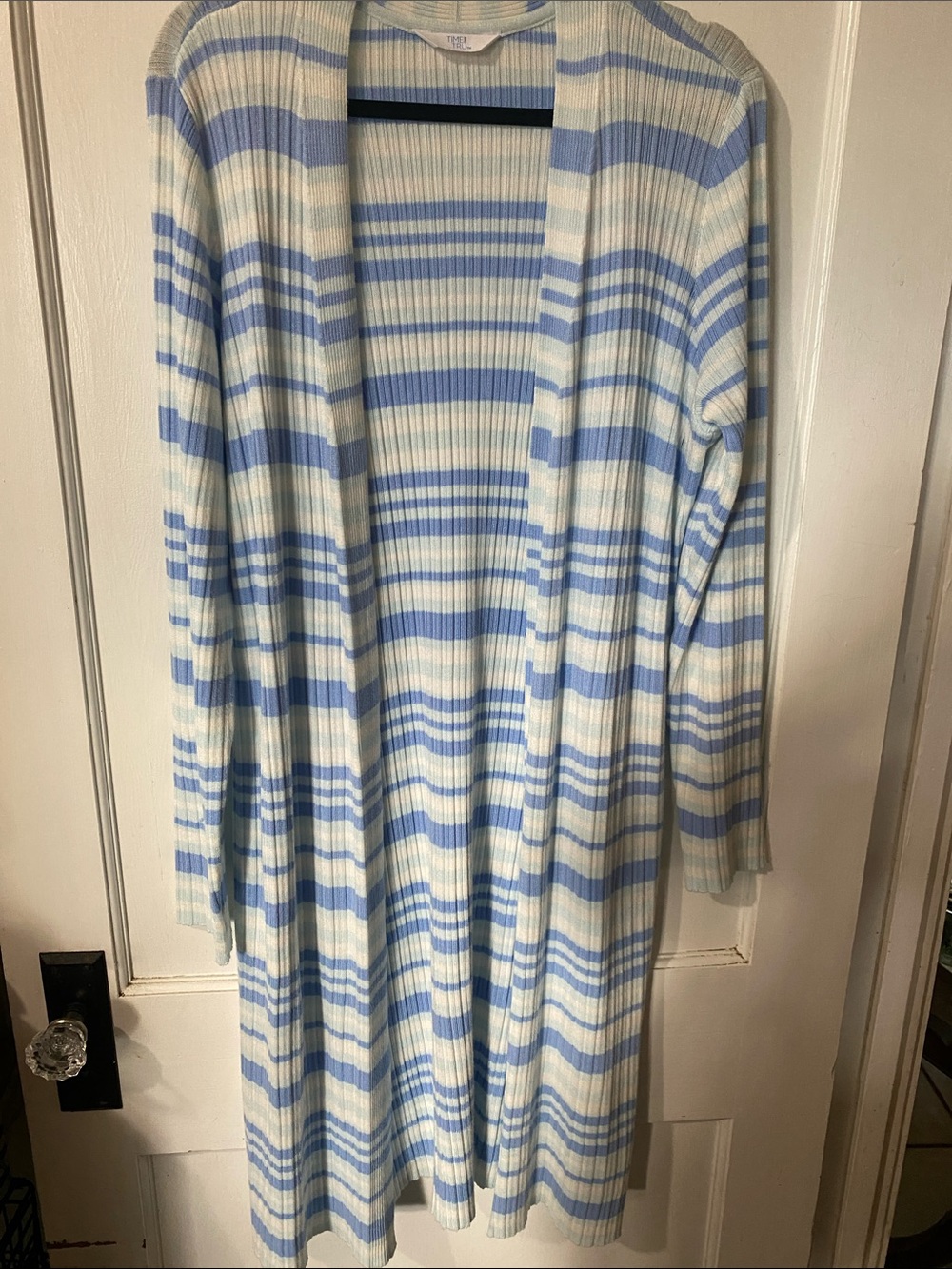 Time and Tru Blue and White Striped Open-Front Ribbed Cardigan